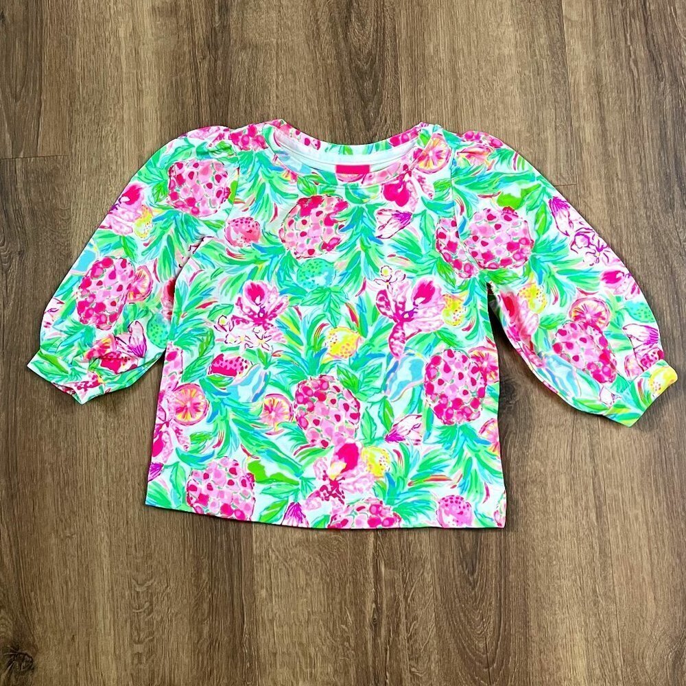 Lilly Pullitzer Pineapple Shake Long Puff Sleeve Top Sz L 8-10